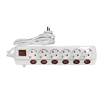 Multisocket with 3x1.5mm2 1.5m cable 6schuko+6independent led switches white